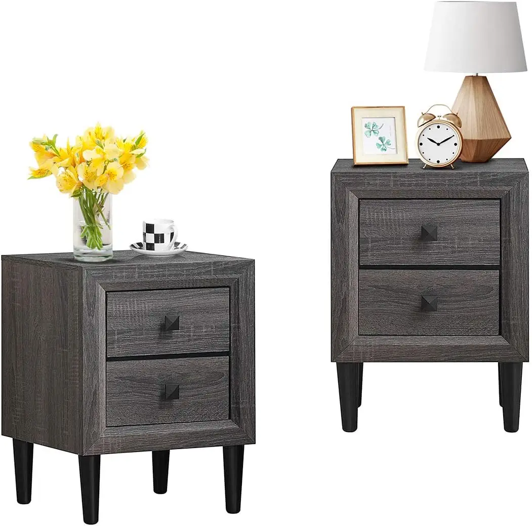 

Nightstand with Drawer Set of 2,Fully-Assembled 2-Drawer Bedside Tables with Solid Wood Legs for Bedroom Living Room