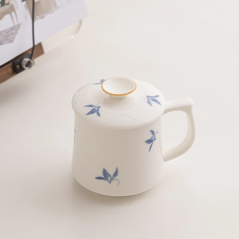 Chinese Style Pattern Ceramic White Porcelain Personal Tea Mugs, Personal Creative With Cover, Milk Water Coffee Cup, 350ml, 1Pc