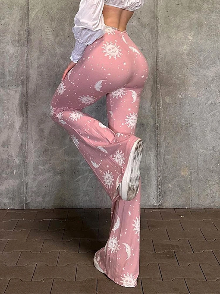 Summer Fashion Pink Pants Women Casual Slim Printed Long Flared Pants Streetwear Women Low-Rise Patchwork Abstract Y2k Pants