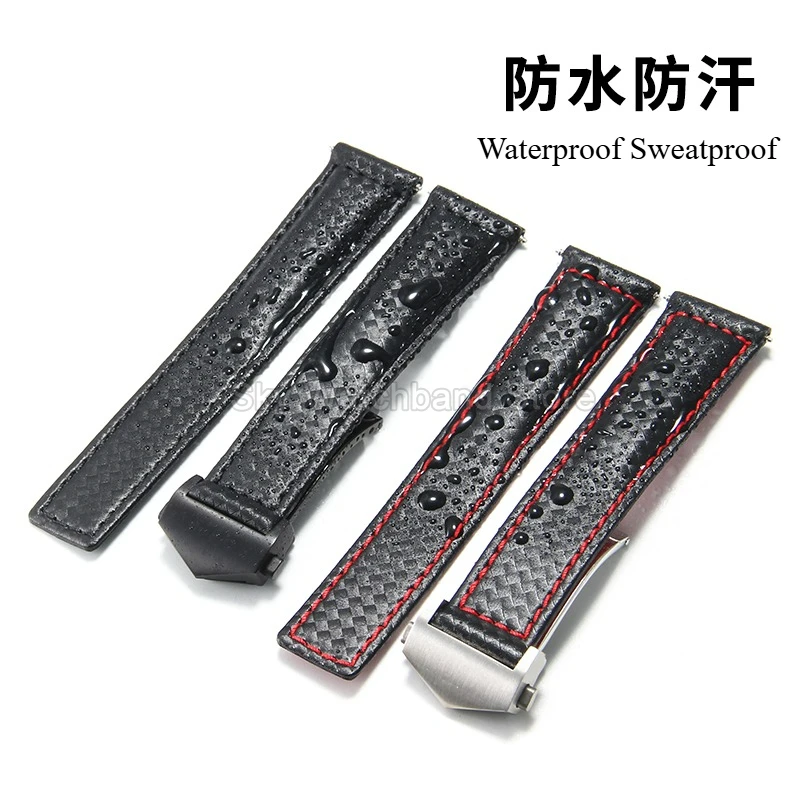 Premium Black Carbon Fiber Genuine Leather Watchband - Soft, Breathable, Lightweight, and Comfortable