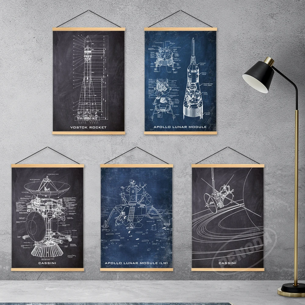 Voyager Home Decoration Saturn V Apollo Hanging Poster Canvas Scott Rocket Wall Art Cassini Printed Painting Soggiorno In Legno