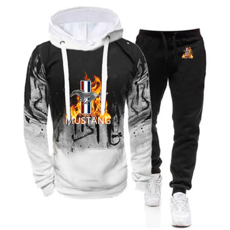 Mustang Printing Spring Autumn Design New Set Man's Gradient Hoodies Casual Sweatpant Sets Pullover Sport Suits Hip Hop Suit