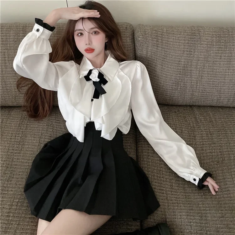 

Sweet Womens Tops Chiffon Ruffles Blouses Loose Bow White Fashion Shirt Long Sleeve Temperament Blouse 2023 Blusas Mujer De Moda