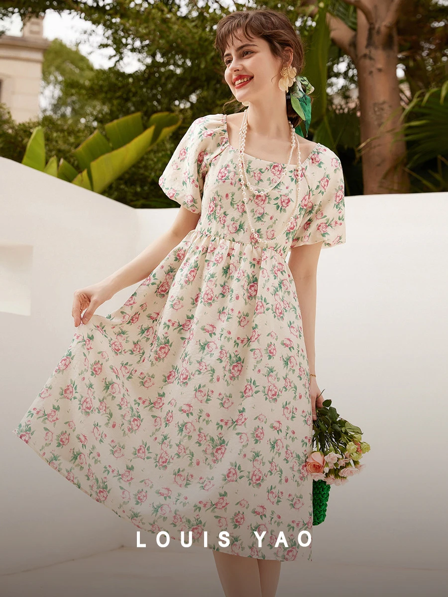LOUIS YAO Women Floral Dress 2024 Summer Elegant Long Dress Square Neck Puff Short Sleeve A-line Dress