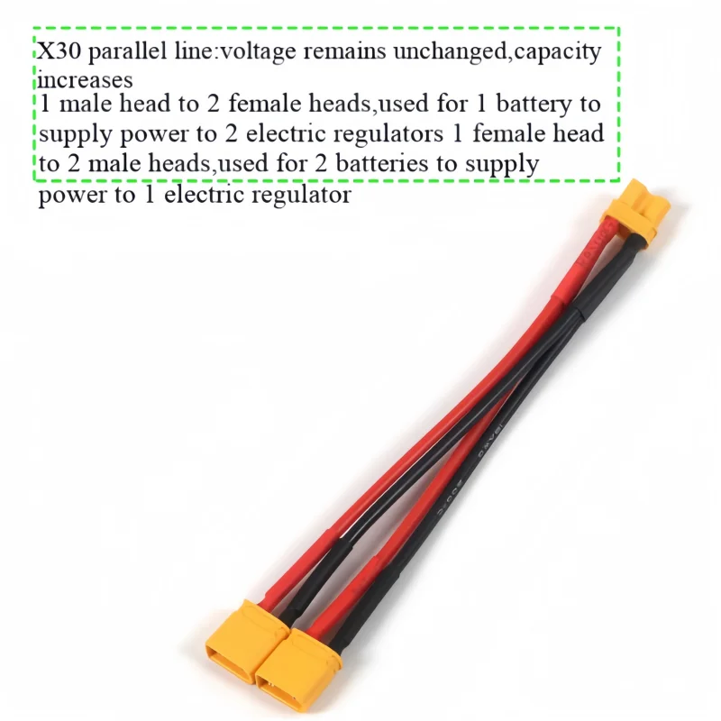 Câble adaptateur parallèle XT30 16AWG silicone, longueur du câble et gaine silicone flexible.