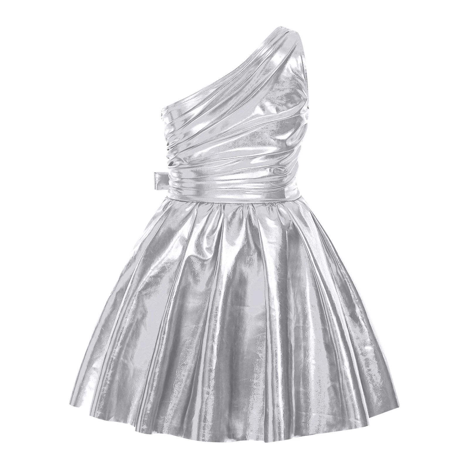 Mädchen Metallic Glänzendes Swing-Kleid Tanz-Performance-Kostüm Einschultriges Kleid Gerafftes Oberteil Puffärmel A-Linien-Saum Trikotkleid – Detail 10