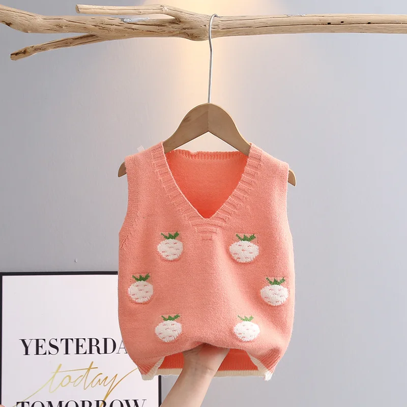 Kids vest Sleeveless Sweater for Girls Spring Fall V-neck Children Knitwear Baby Girl Knit Vest Cartoon Strawberry Kids Waistcoats GY03083