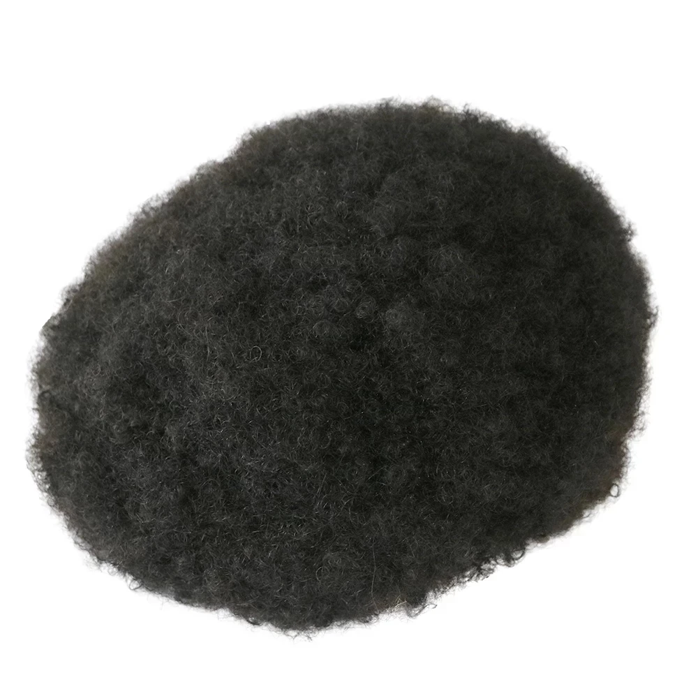 Durable Skin Afro Curly Mens Toupee 6mm Black Man Weave Hair Wig Grey Mixed Kinky Curly Male 100% Human Hair Replacement System