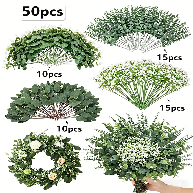 16/30/50 Stück künstliche Eukalyptusblätter, Stiele, künstliche grüne Pflanzen für Hochzeitsstrauß, Kranz, Vase, Blumenarrangement, Heimdekoration