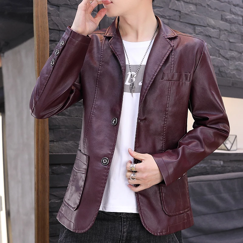 

Куртка мужская кожаная однобортная, брендовая Повседневная приталенная, из экокожи, однотонный пиджак, на весну-осень