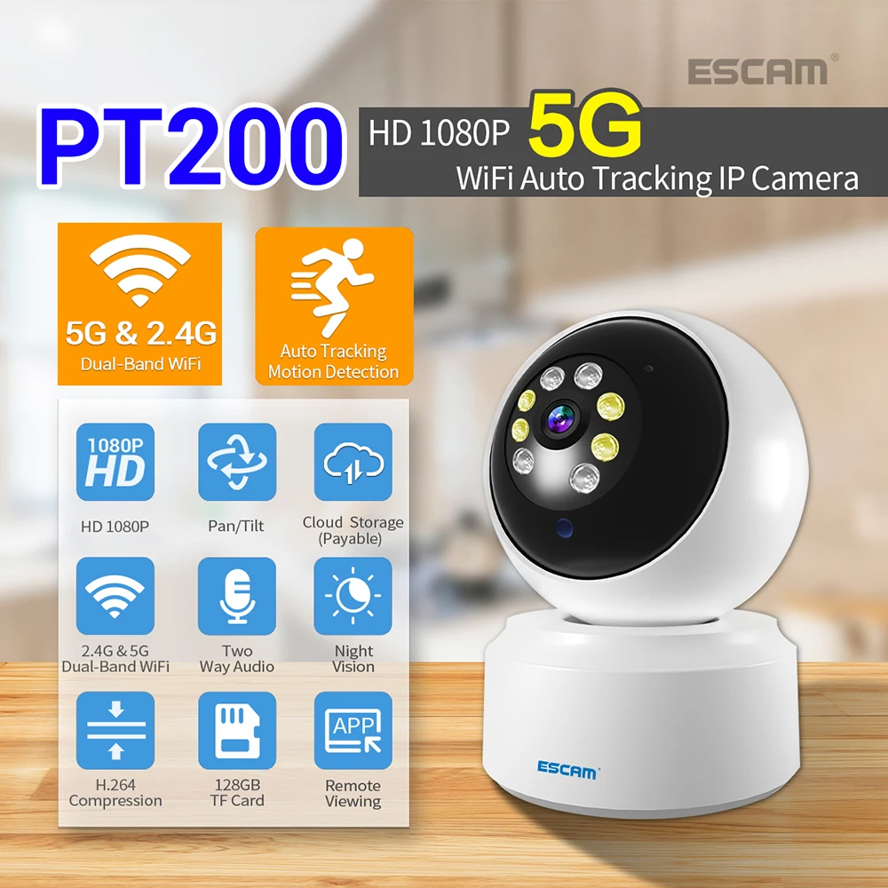 ESCAM  PT200  2MP 1080P 2.4G&5G Dual Band WIFI PTZ IP Dome Camera AI Humanoid Auto Tracking Home Security CCTV Monitor