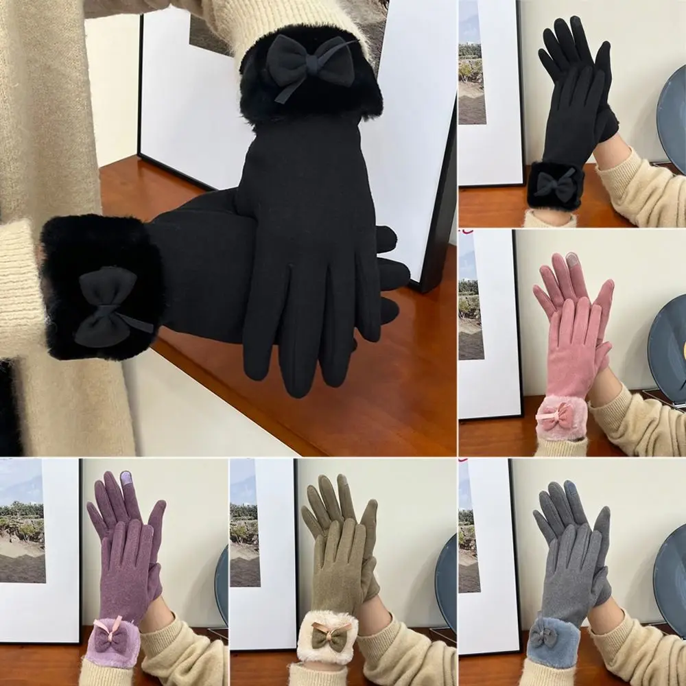 

Cold Protection Thickened Warm Gloves Fashion Touch Screen Thin Velvet Bowknot Gloves Windproof Full Finger Gloves Women