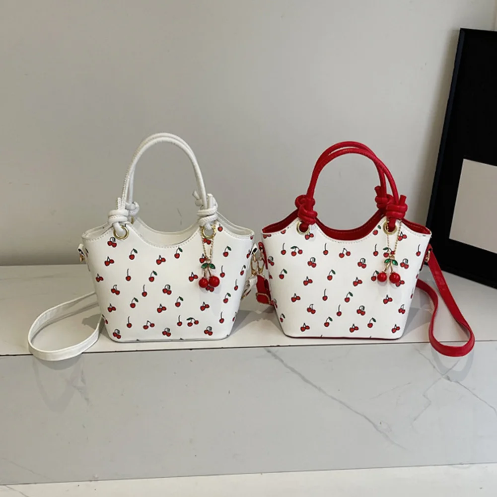 Leather Bucket Fashion Shoulder Bag for Women Cherry Printed Crossbody Bag Trendy Top-handle Bag with Adjustable Removable Strap