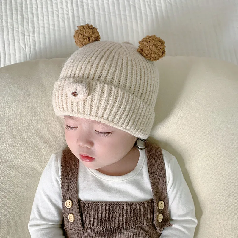 

Cartoon Bear Ear Baby Beanie Autumn Winter Solid Color Thick Crochet Wool Knit Skullies Bonnet Toddler Kids Outdoor Warm Hats