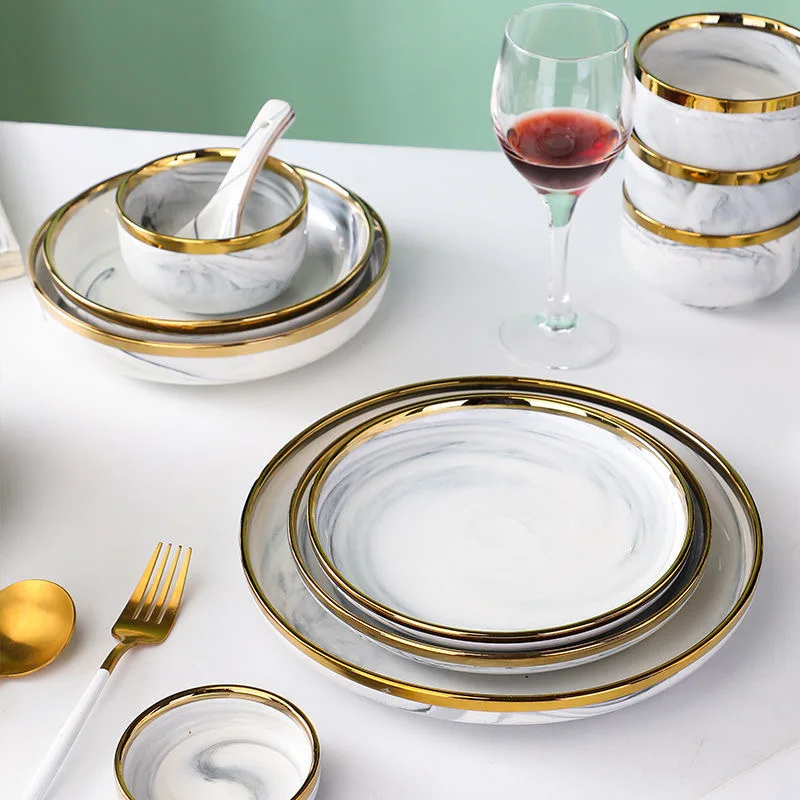 New Double-sided Gilt Rim Gray Marble Pattern Porcelain Dinner Tray Kitchen Plates Ceramic Food Dishes Rice Salad Noodles Bowl