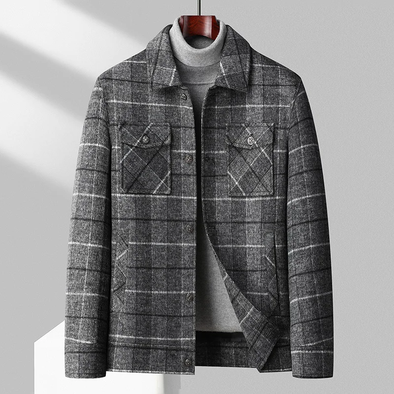 England Style Men Elegant Gray White Plaid Cashmere Blend Coats Turn Down Collar Single Breasted Woolen Tweed Jackets Outfits