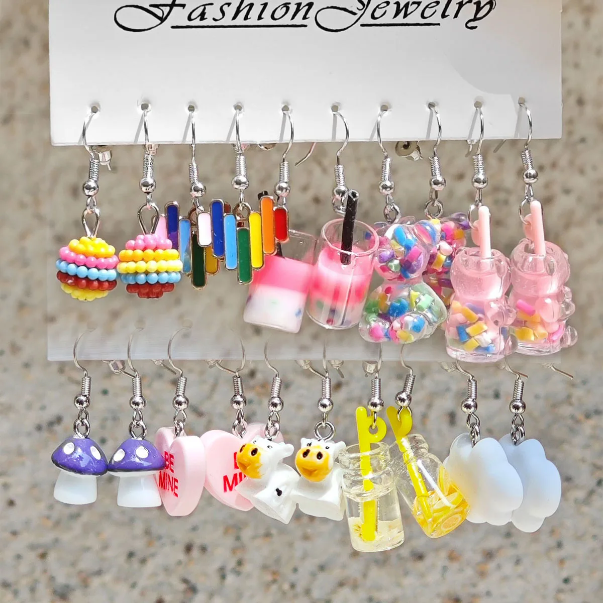 Small Fresh Colored Resin Animal Pendant Earrings Art Sweet and Cute Flower Butterfly Milk Tea Earrings Female 10 Pair Set pendant earrings
