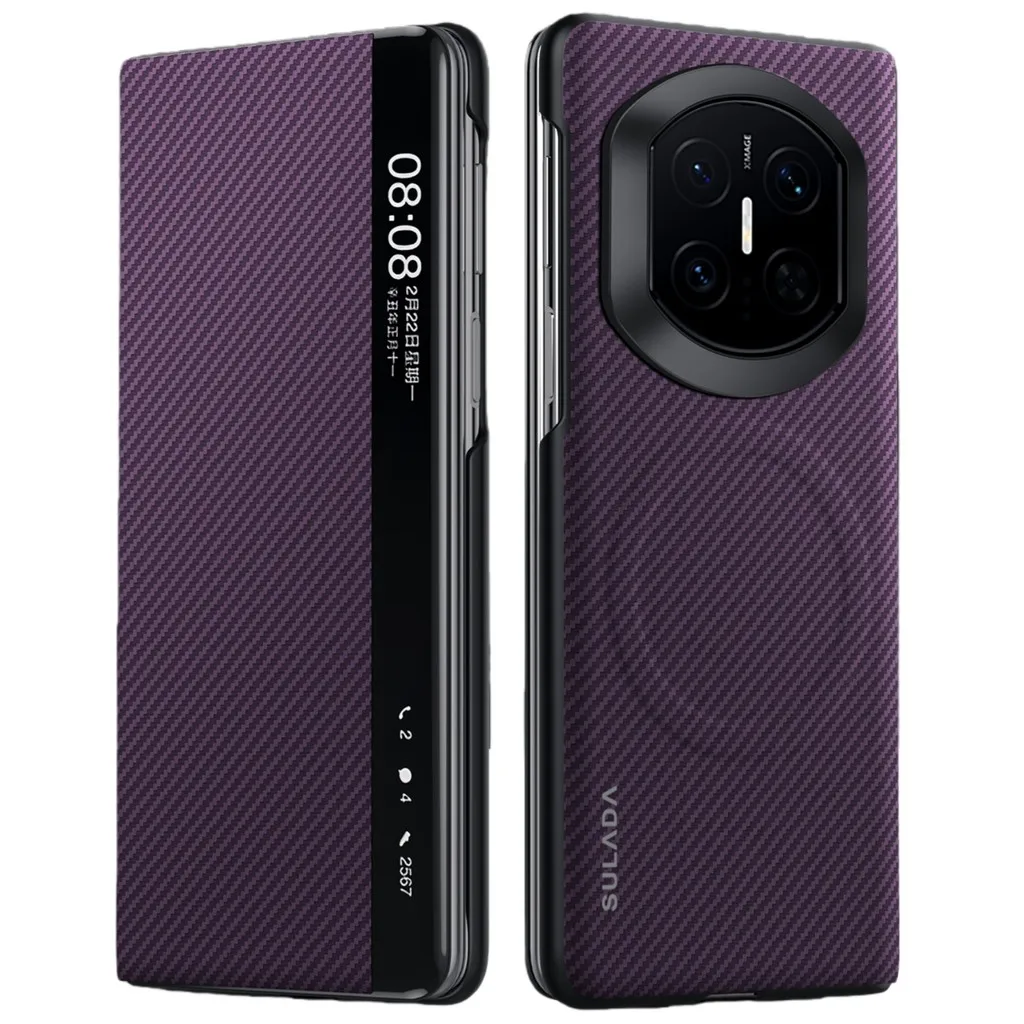 SULADA Magnetic Leather Flip Case with Carbon Fiber Texture and Window View