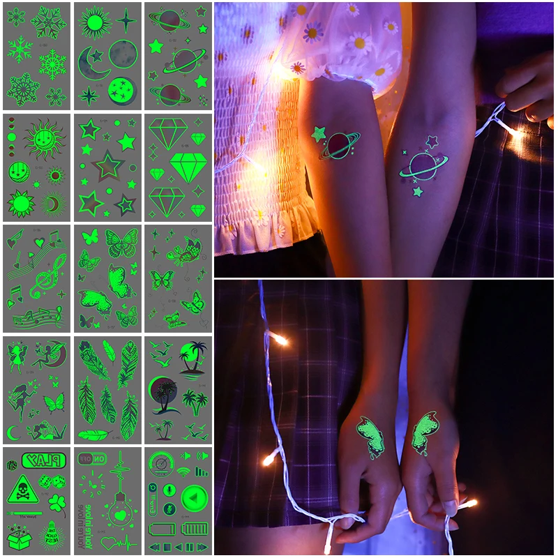 

Светящиеся в темноте временные тату-наклейки Космос Луна солнце Звезда Бабочка блестящие светящиеся татуировки для детей для вечеринки светящиеся ночью