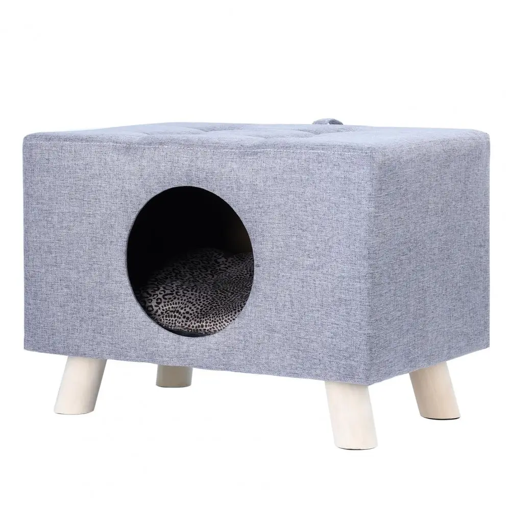 Cat Nest, Pet House Bench, Wood Pet House Cat Cave with Mat, Pet House Foot Rest Stool with Cushion, Cube for Cats and Small Dog 4