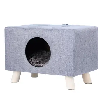 Cat Nest, Pet House Bench, Wood Pet House Cat Cave with Mat, Pet House Foot Rest Stool with Cushion, Cube for Cats and Small Dog 4