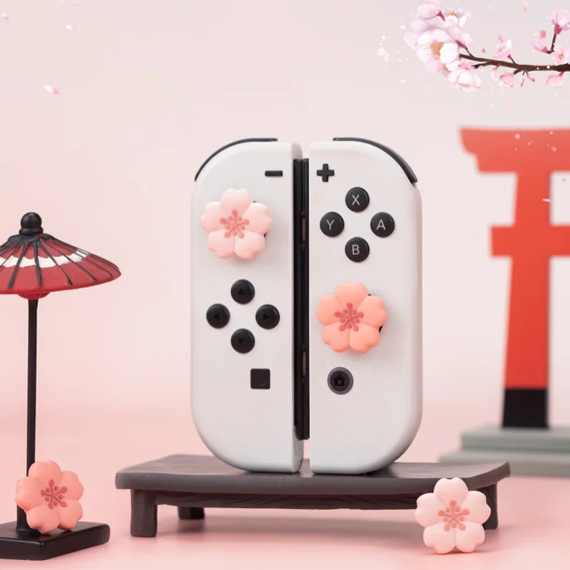Pink Sakura Silicone Soft Thumb Stick Grip Cap Joystick Cover Per Switch Ns Oled/Lite Joy-Con Controller Cherry Thumbstick Case