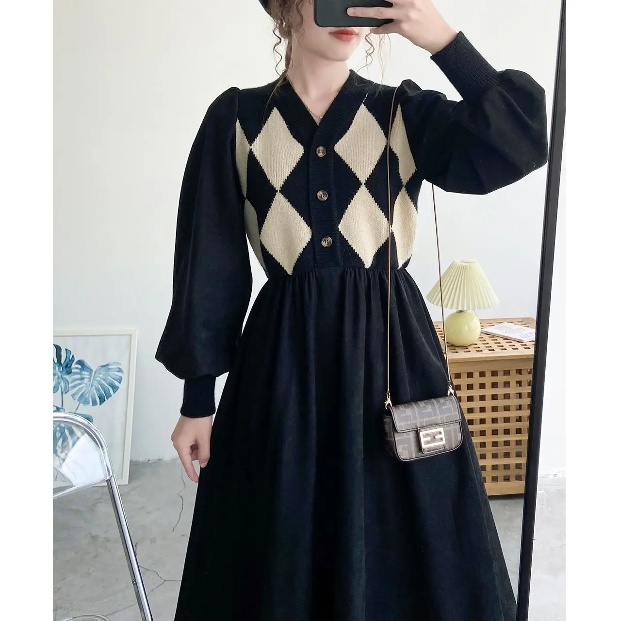 

Womens Dresses Plaid Clothing 2023 Plaid V Neck Female Dress Knitted Hot Outfits Korean Fashion Style Knitting Sale Thic U38