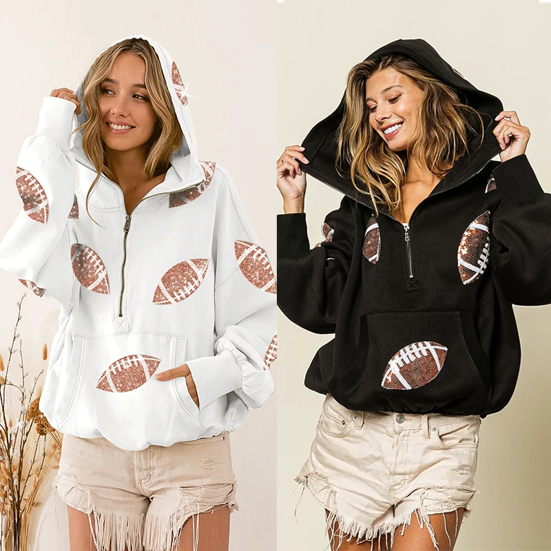 

Woman Sequin Hoodie Winter Pullover Long Sleeve Pocket Half Zip Sweatshirts Embroidered Sequin Football Hoodies For Women