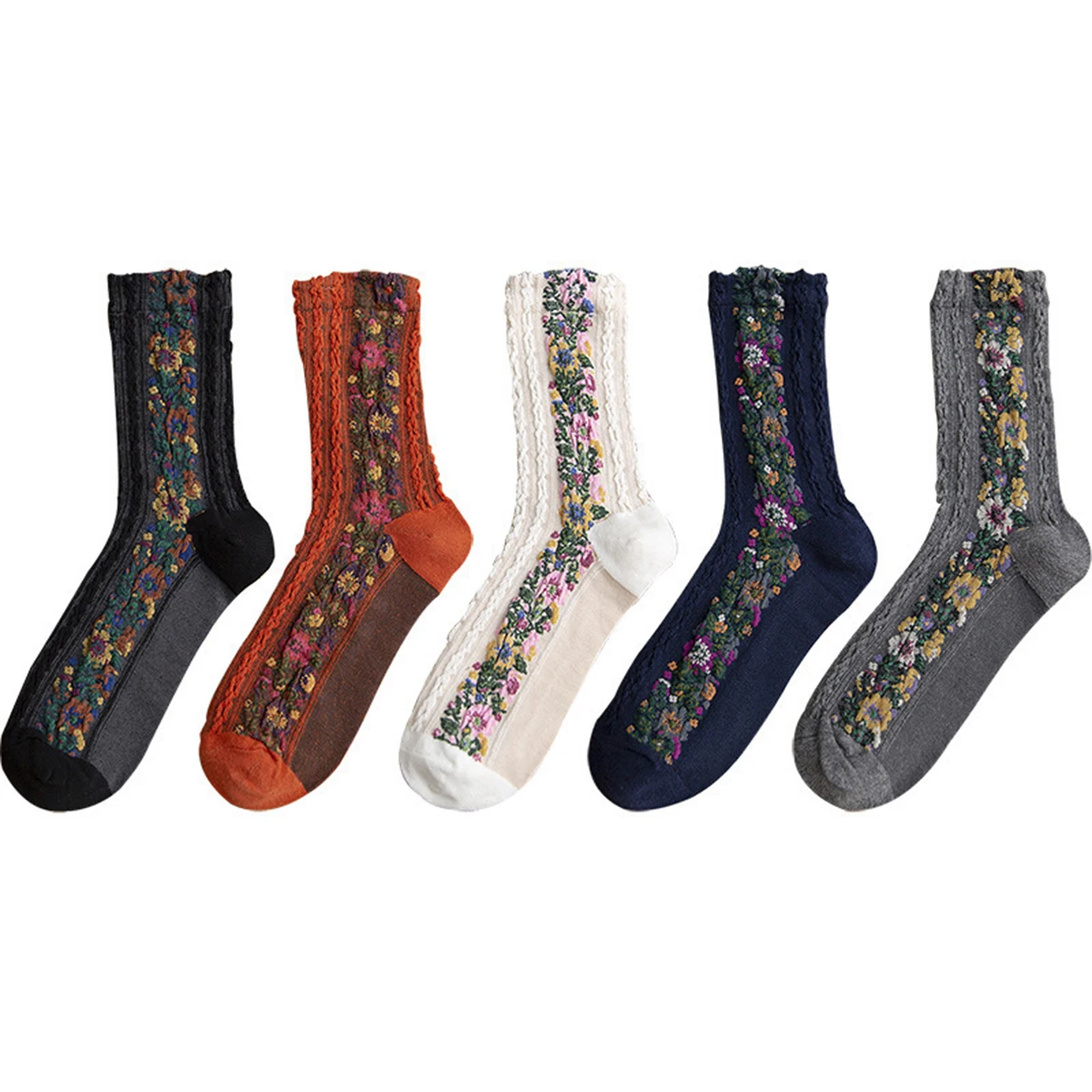 

5pcs Hemp Pattern Cotton Women's Socks Retro Small Broken Flowers Jacquard Fashion Mid-calf Socks Winter Warm Thick Socks