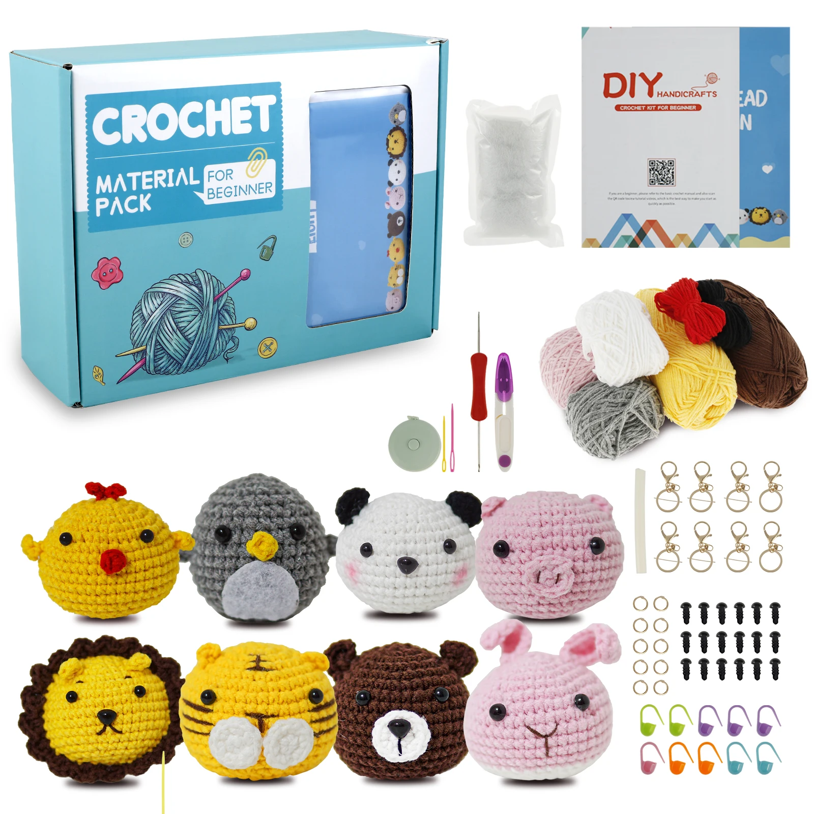 Crochet Kit Beginners Animal Crochet Knitting Cotton Knitting Yarn Thread Needles Hook Knit Tool Set DIY Craft Keychain Pendant