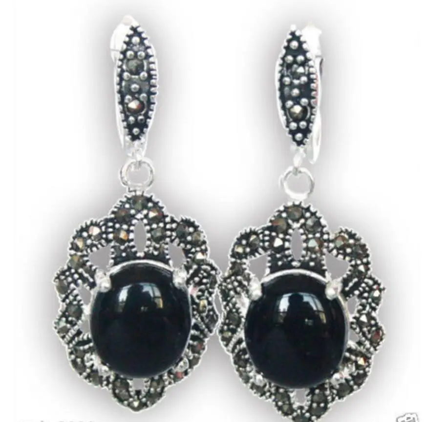 

Vintage 925 Sterling Silver Natural Black Marcasite Dangle Earrings
