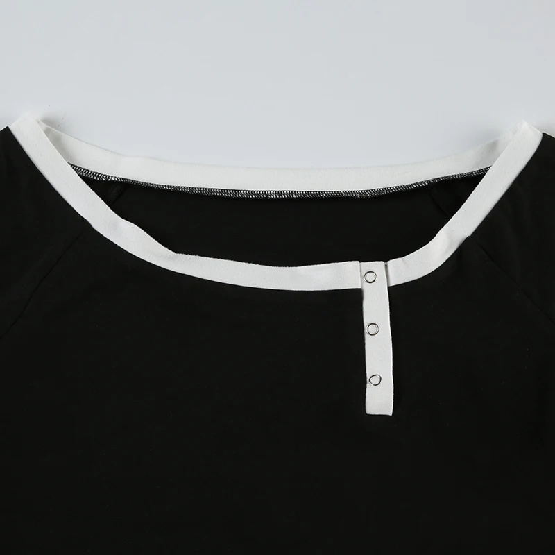 Contrast Binding Off Shoulder O Neck Slim Long Sleeve Basic Black T Shirt Women Asymmetric Button Up Chic Fashion Streetwear Tee