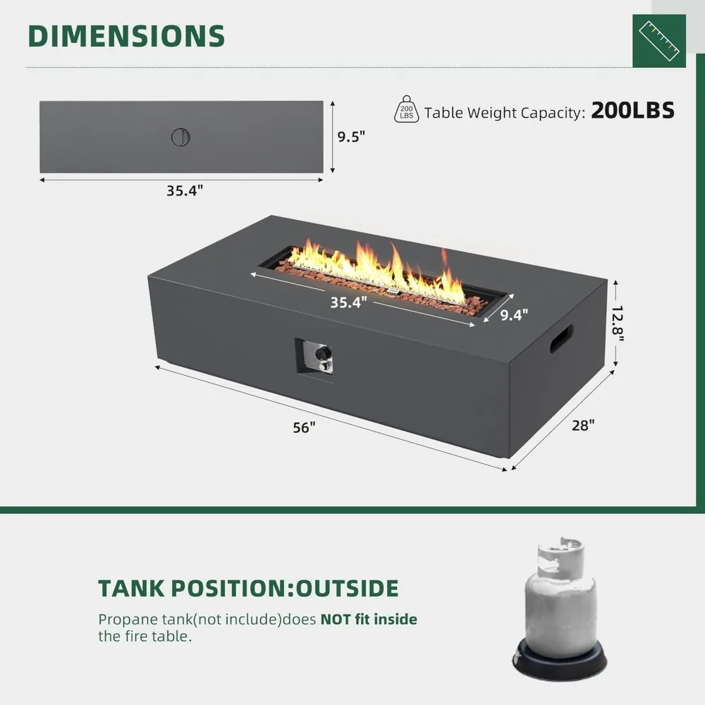 56-inch Outdoor Propane Gas Fire Pit Table 50000 BTU Iron Rectangle Fires Pits with Removable Lid Outdoor Fire Pit