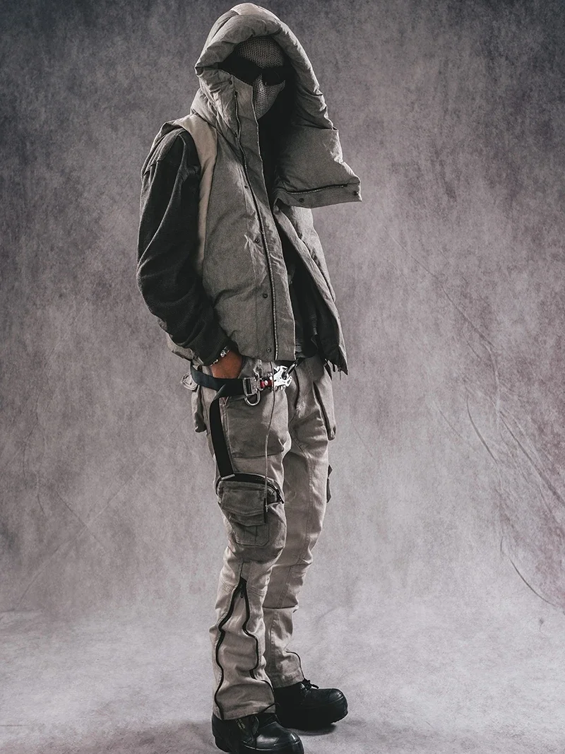 WasteLand Frost Color Turtleneck Collar Distressed Color Matching Oblique Zipper Warm down Hooded All-Matching Outer Wear Vest