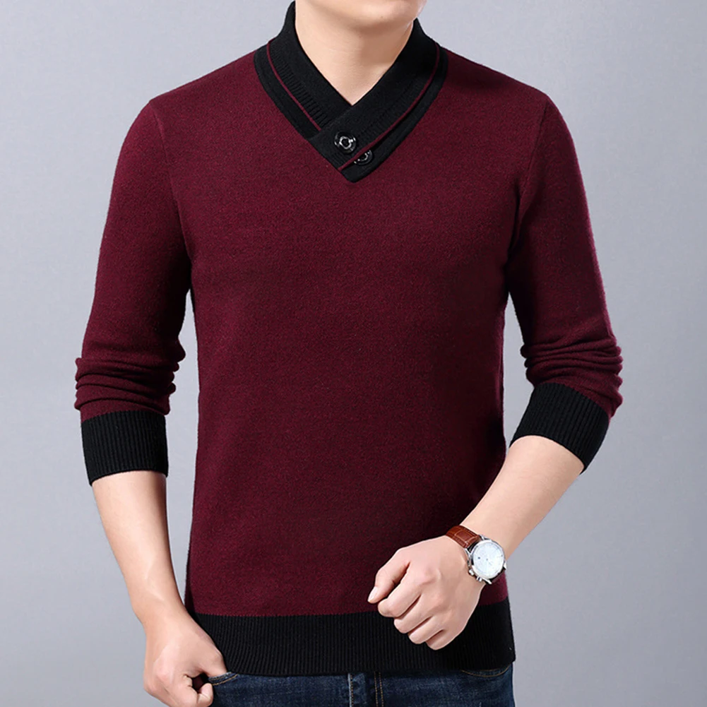 

Warm Winter Sweater for Men V Neck Knit Pullover Solid Color Casual Style Slight Stretch Black Wine red Green Khaki