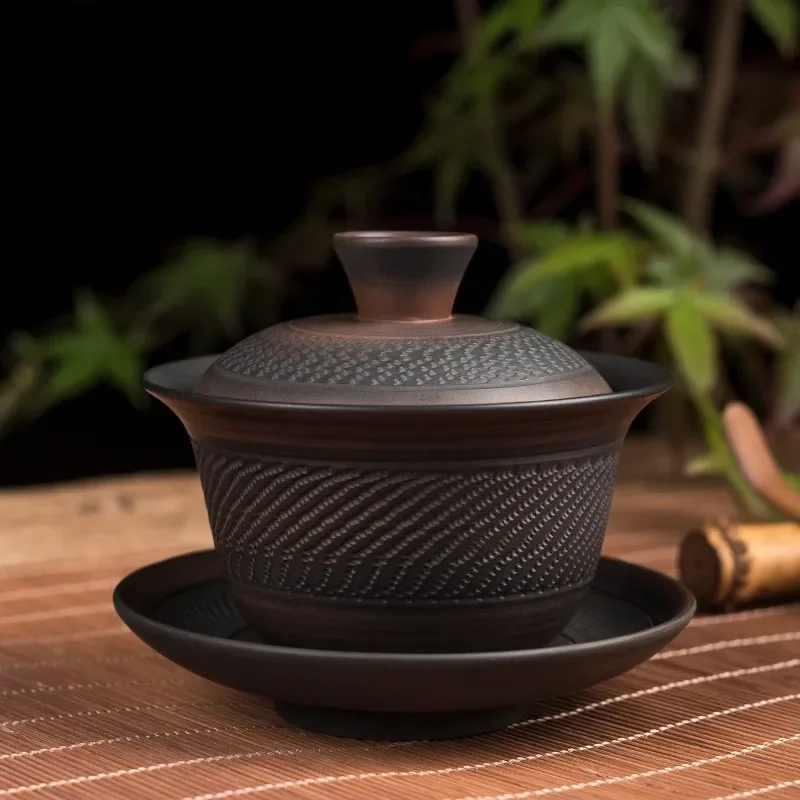 Jianshui Purple Pottery Gaiwan Ceramic Handmade Household Kung Fu Tea Set Tea Bowl Cup