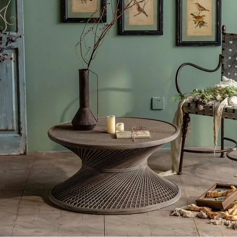 Rattan-woven Minimalist Nature Coffee Table Accent Tea Table Bamboo Cane Round for Living Room