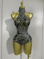 STOCK New Sparkly Diamond Sexy Mesh Stretch Bodysuits Women Evening Nightclub Bar Party Show Gogo Dancer Clothing Stage Costume