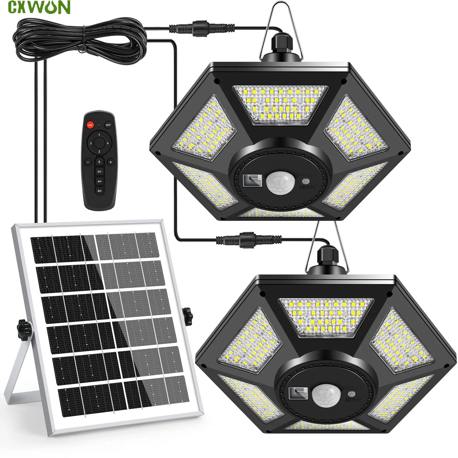 Solar Pendant Lights Dual Head Solar Shed Light Sensor 180LED Solar Indoor Lights with Remote Control for Garage Garden Home
