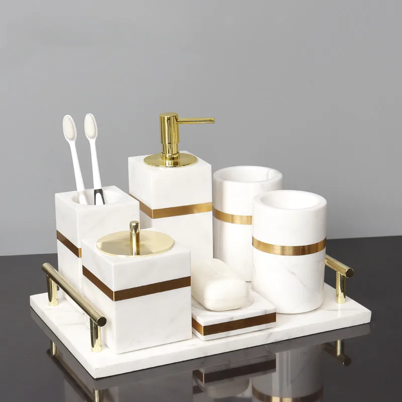 

Bathroom Marble Toiletry Set Lotion Bottle Gargle Cup Soap Dish Toothbrush Holder Cotton Swab Box Tray Tissue Box Accessories