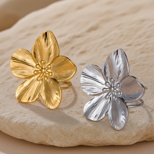 Grands anneaux à fleurs en métal en acier inoxydable pour femmes, plaqué or, Vintage, ouvert, mode élégante, étanche, bijoux de doigt, cadeaux