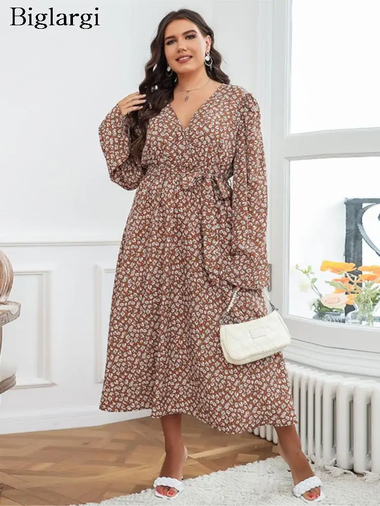 

Plus Size Autumn Long Dress Women Floral Print Long Sleeve Chiffon Loose Ladies Dresses Casual Fashion Woman Dress 2023