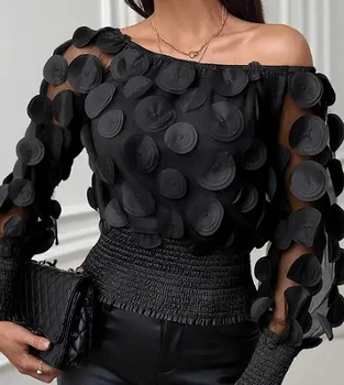 Applique Slant Shoulder Blouse, Elegant Long Sleeve Blouse For Spring & Fall Women's Clothing 1