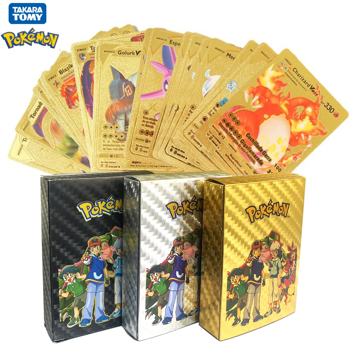 thumbnail image 1 of Treingi 2024 11-110 piezas de tarjetas de Pokémon Pikachu oro plata negro Vmax GX Vstar inglés español francés alemán colección de cartas de batalla juguetes regalos, 1 of 5