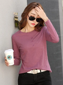 الخريف الشتاء المرأة مضلع القطن تي شيرت الإناث زر فضفاض عادية موضة تي شيرت 2025 كم طويل س الرقبة كوريا القمم 5