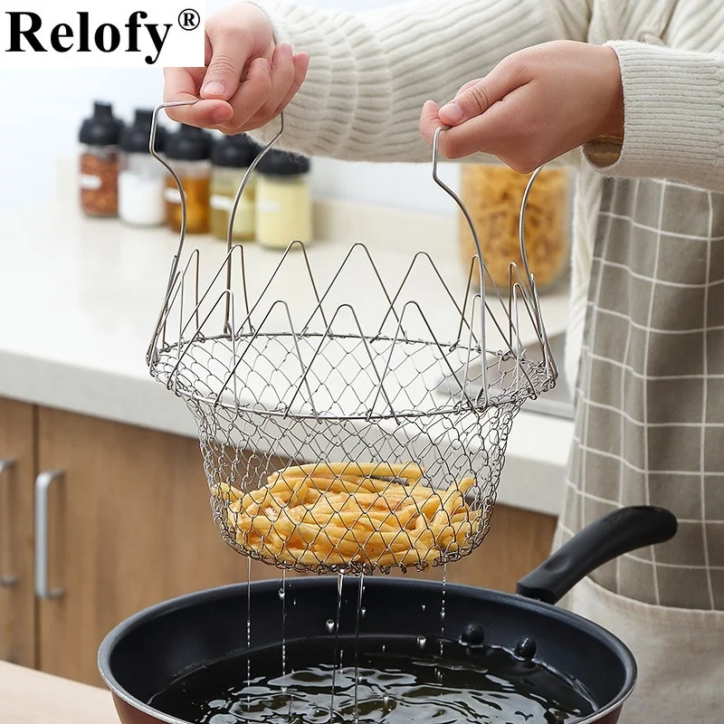 304 스테인리스 스틸 튀김 바구니, 프렌치 프라이, 치킨 윙 필터, 스크린 배수 바구니, 개폐식 및 접이식 요리 도구