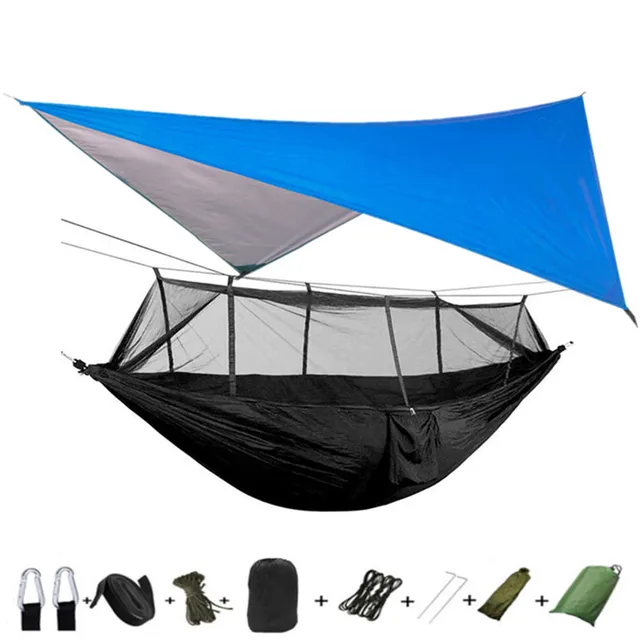Lightweight Portable Camping Hammock and Tent Awning Rain Fly Tarp Waterproof Mosquito Net Hammock Canopy 210T Nylon Hammocks Blue and black
