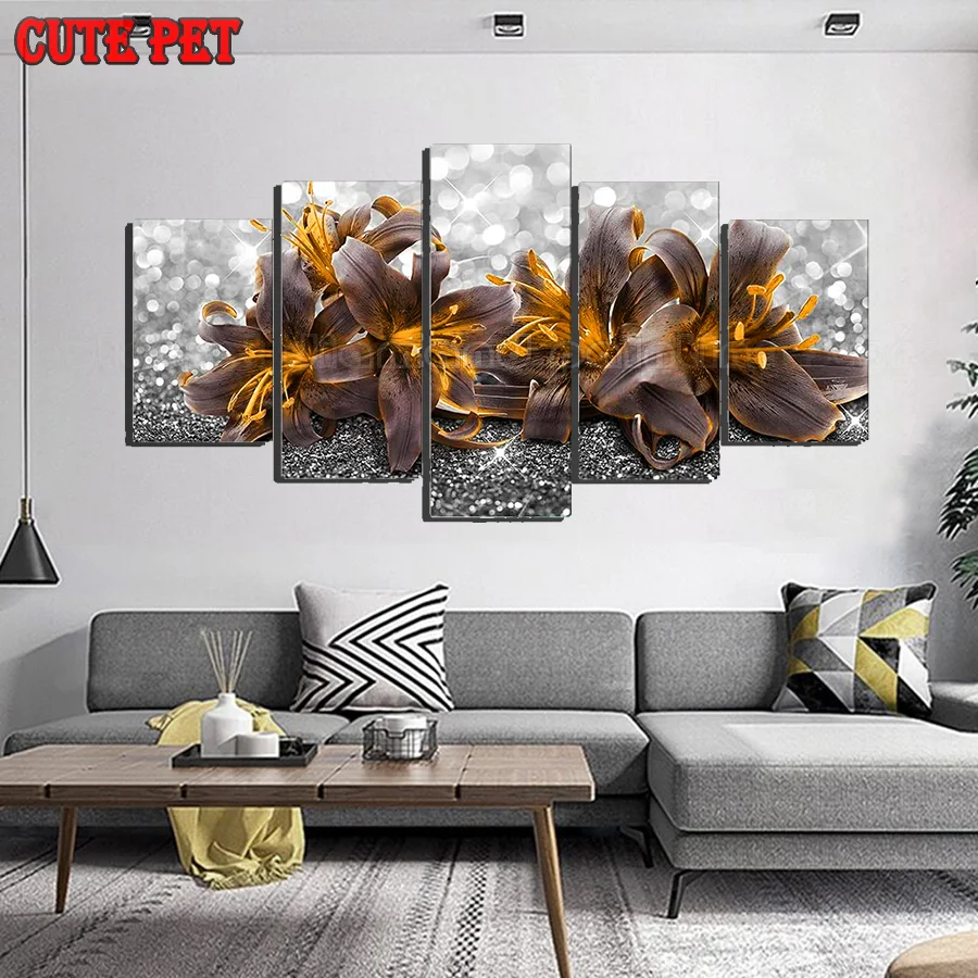 

cute pet withered lily flowers 5D DIY Diamond Painting cross stitch Full square round Diamant Embroidery mosaic Home Decor 5PCS