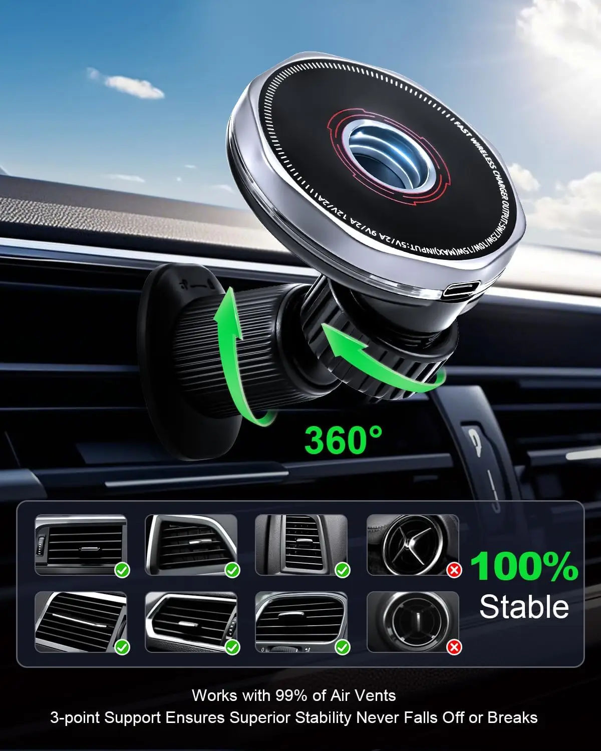 15W Wireless Car Charger Mount Air Vent Magnetic Mount for iPhone 16 Pro Max 15 14 13 12 & Samsung 360°Rotation Car Phone Holder