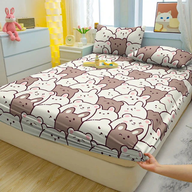 Ensemble de literie 3 pièces avec motif ours amusant, drap-housse, couverture de lit imprimée, dessin animé, chambre à coucher 3